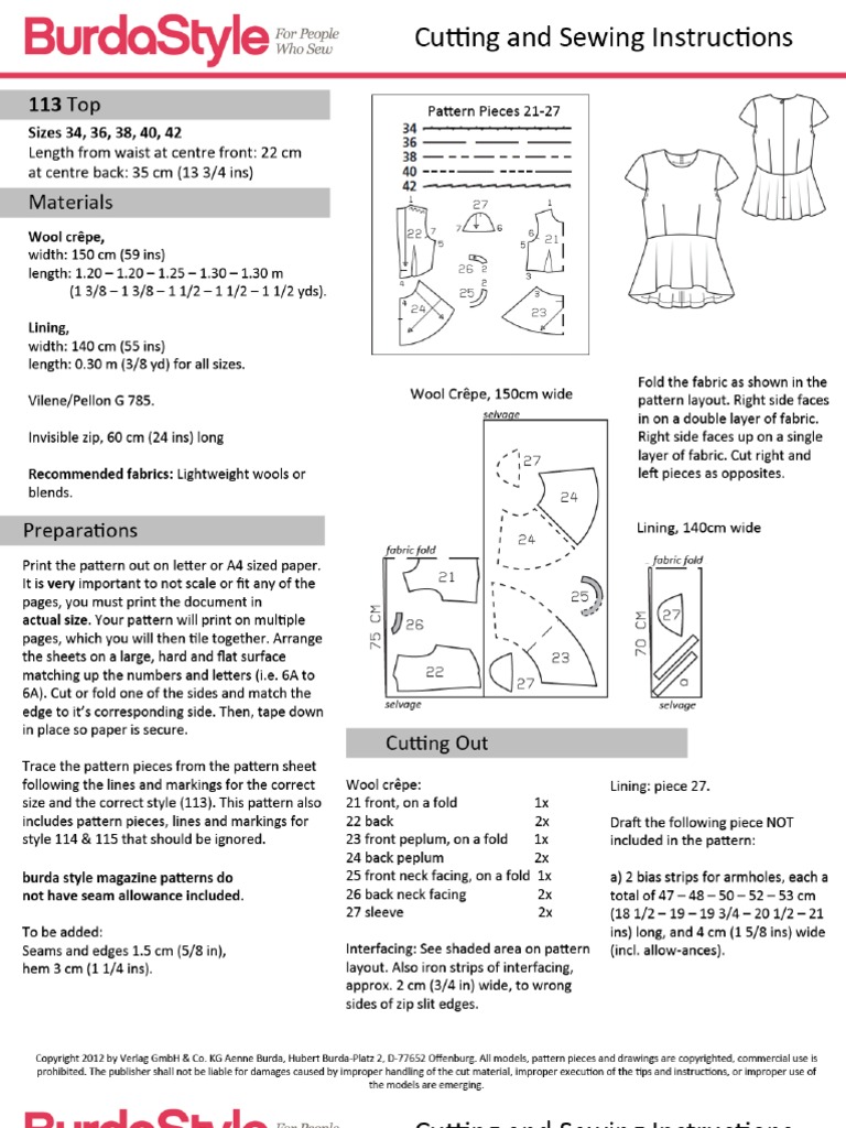 113 Top Cutting and Sewing Instructions Original PDF | PDF