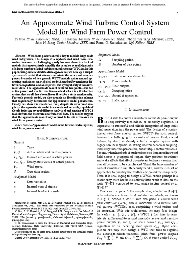 An Approximate Wind Turbine Control System Model For Wind Farm Power