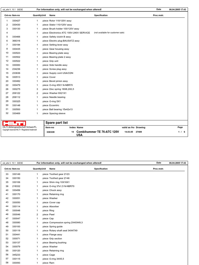 Jack hammer hilti te76 atc service manual | Machines ... crib parts diagram 