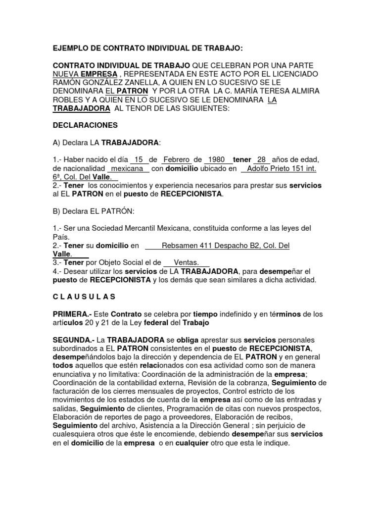 Ejemplo De Contrato Individual De Trabajo