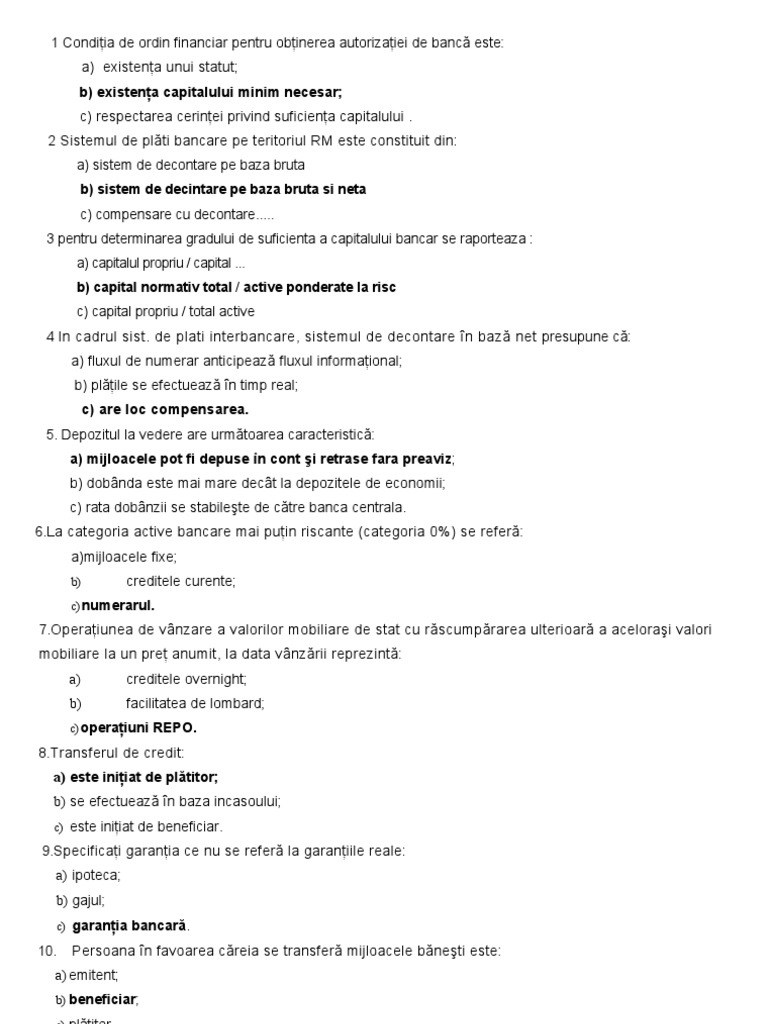 Banci Si Activitate Bancara - Test Rezolvat. (Conspecte - MD) | PDF