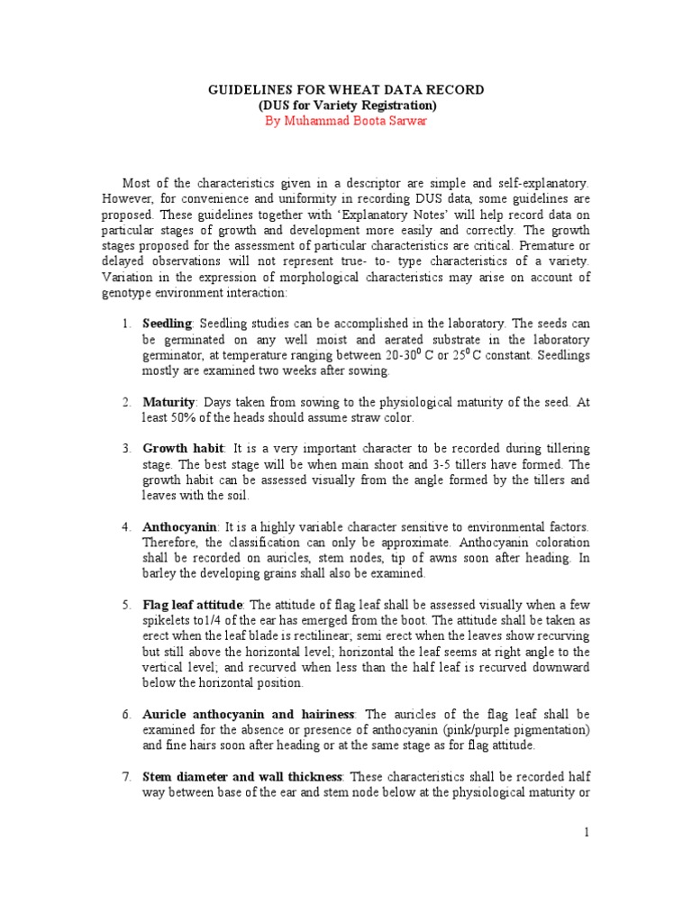 Wheat DUS Data Recording Guidelines | PDF | Wheat | Seedling