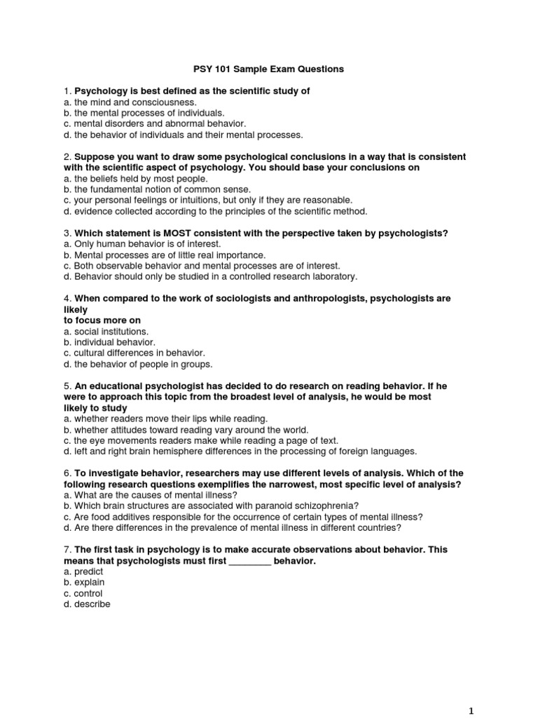 Psychology 101 Sample Exam Questions | PDF | Memory | Recall (Memory)