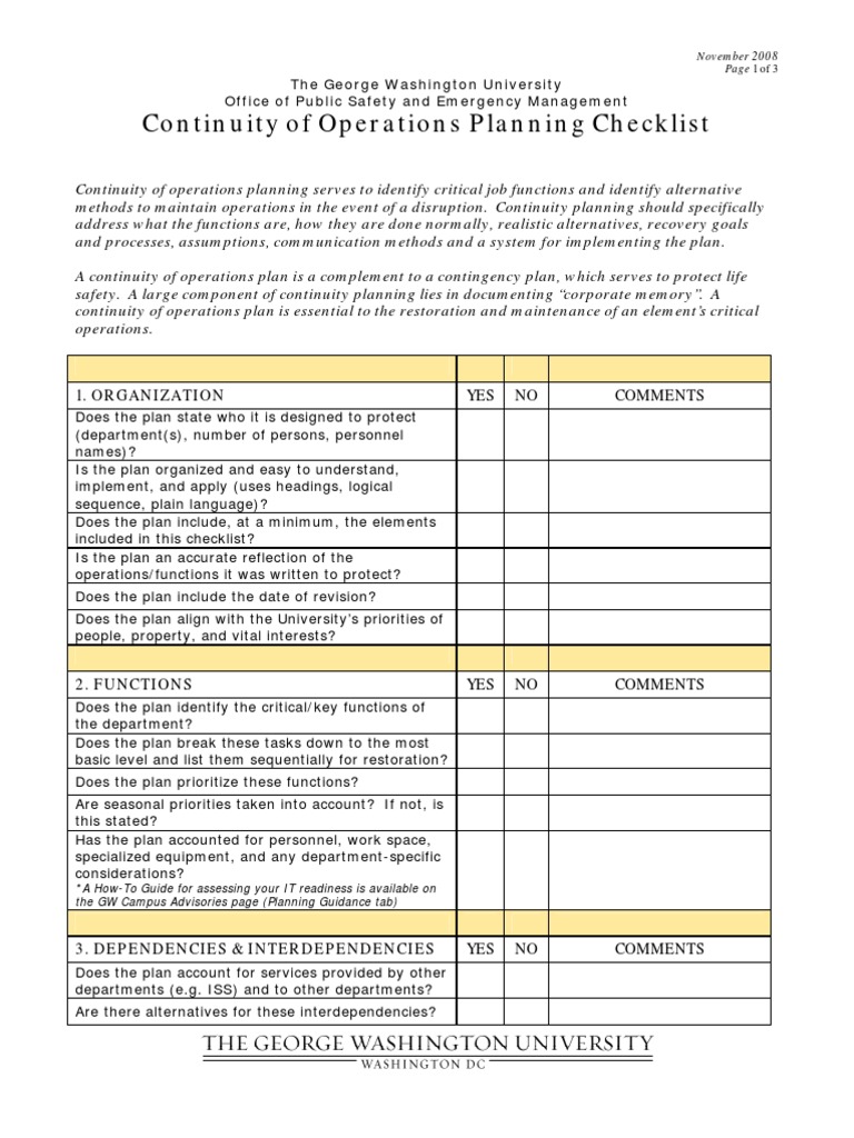 Disaster COOP Planning Checklist 2008 Emergency Management