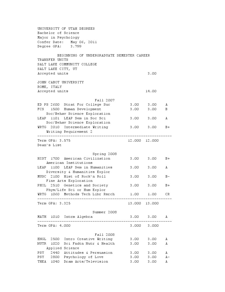 University of Utah Transcript - As of 3-18-2013 | Academia | Cognition