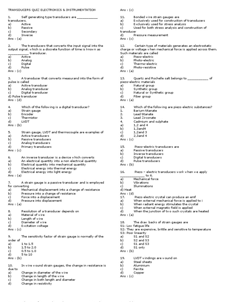 Transducers Quiz Electronics Download Free PDF Piezoelectricity