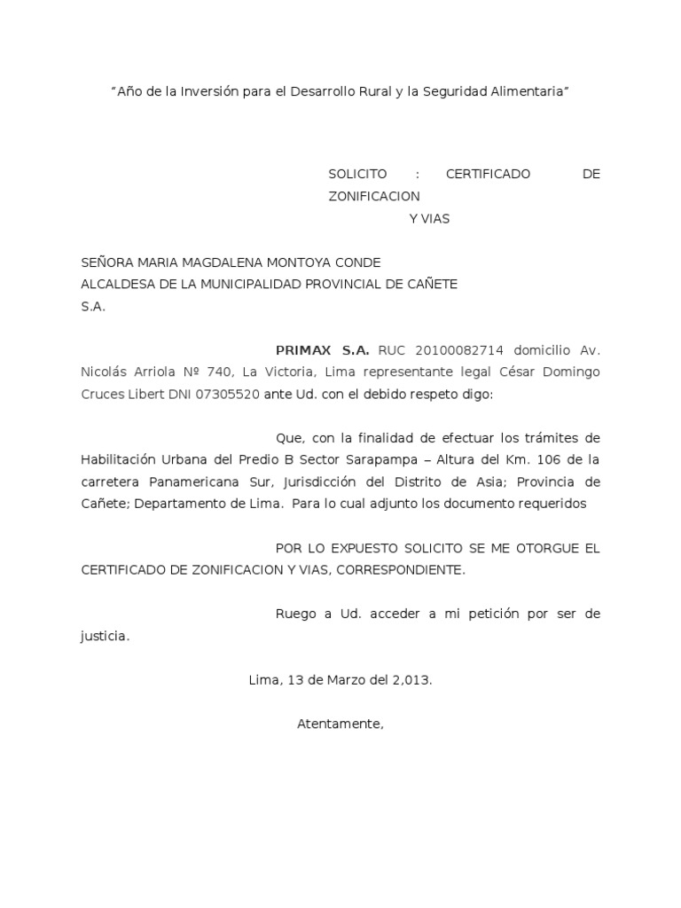 Modelo de SOLICITUD Certificado de Zonificacion y Vias