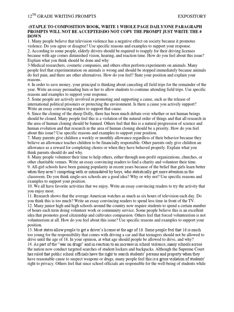 12th Grade Writing Prompts | PDF