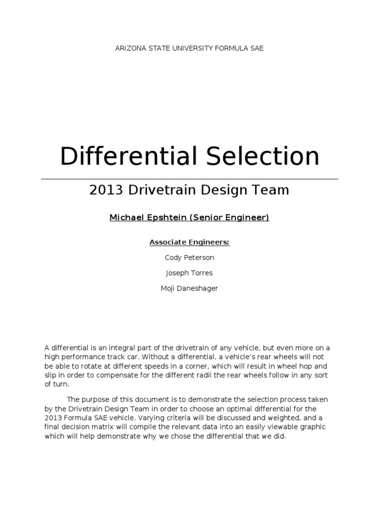 Differential Selection Report | PDF | Clutch | Automobiles