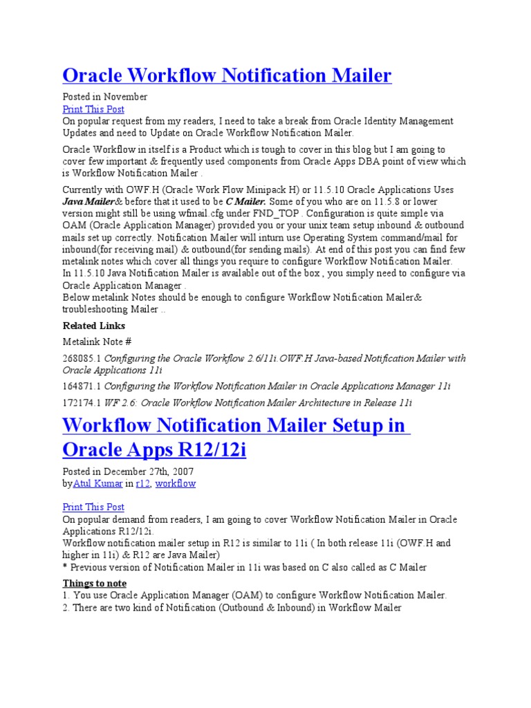 Oracle Workflow Notification Mailer | PDF | Email | System Administrator