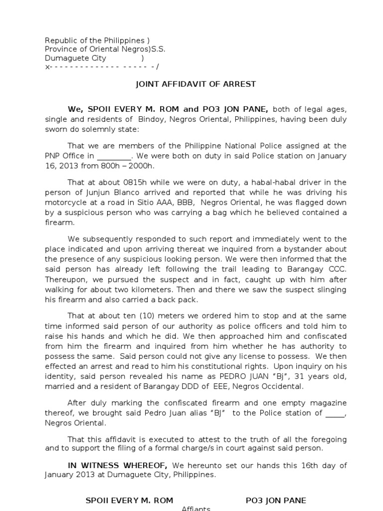 2. Affidavit of Arrest Illegal Firearms 2 Arrest Law Enforcement