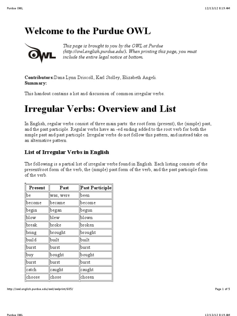 Irregular Vebs Purdue OWL | PDF | Syntax | Grammar