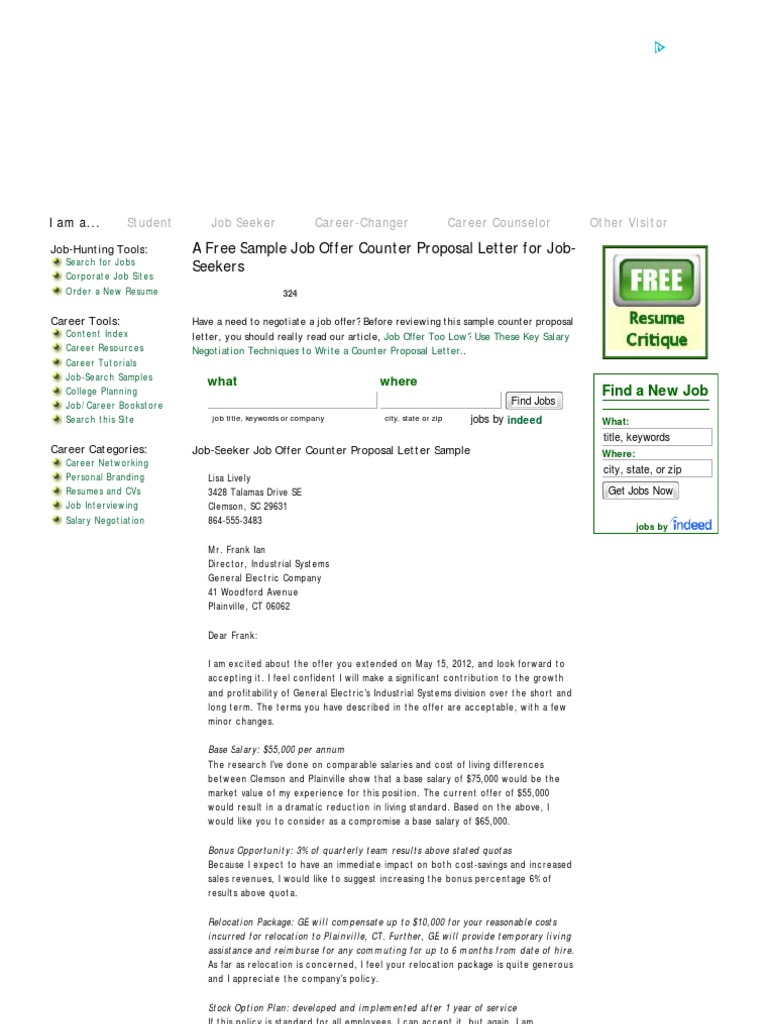 A Sample Job Offer Counter Proposal Letter  PDF  Employee