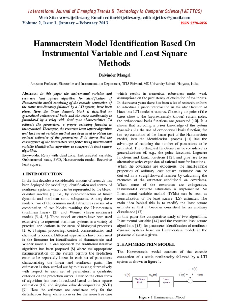 Hammerstein Model Identification Based On Instrumental Variable and Least Square Methods