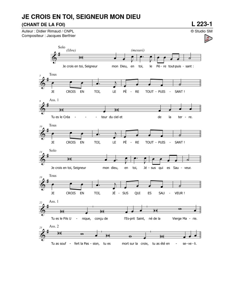 Ecoute Bernard Je Crois Que Toi Et Moi Je Crois en Toi Seigneur Mon Dieu Partition l223 1
