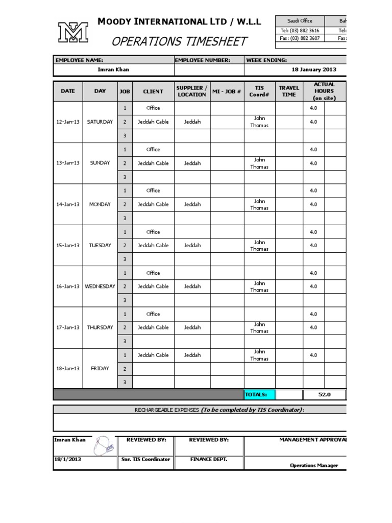 Operations Timesheet: Oody Nternational TD / W.L.L | PDF | Business