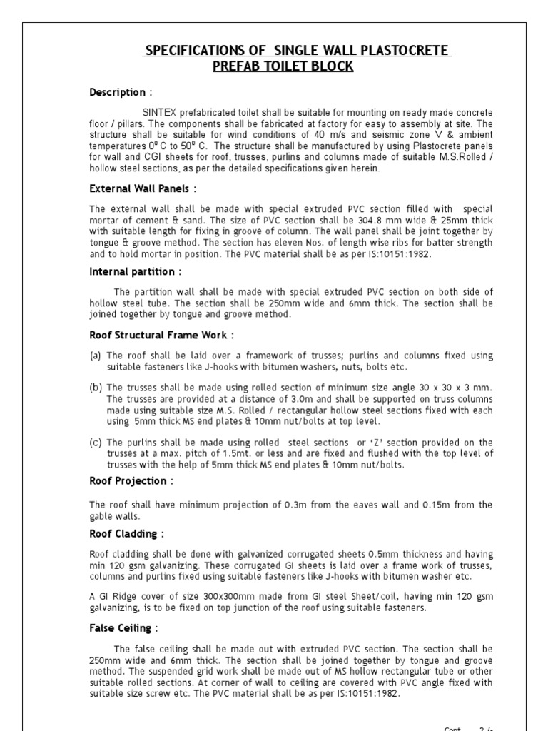 Prefab Toilet Block Specifications | PDF | Wall | Roof