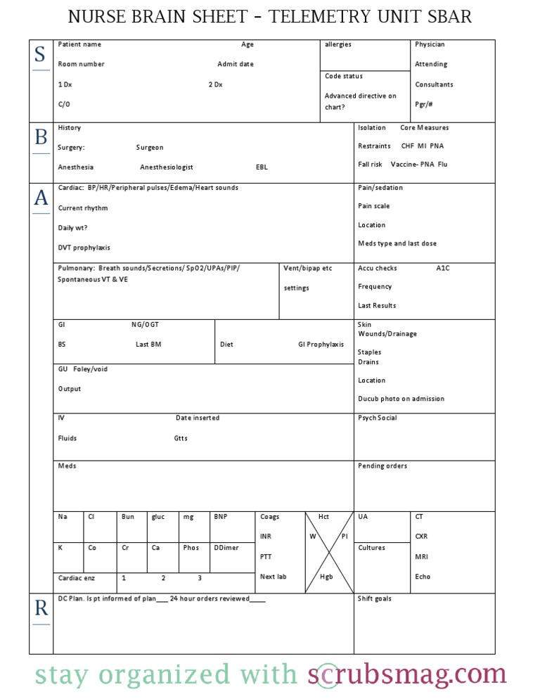Nurse Brain Sheet Telemetry Unit SBAR | PDF | Surgery | Diseases And Disorders for Free Printable Med Surg Nursing Report Sheet
