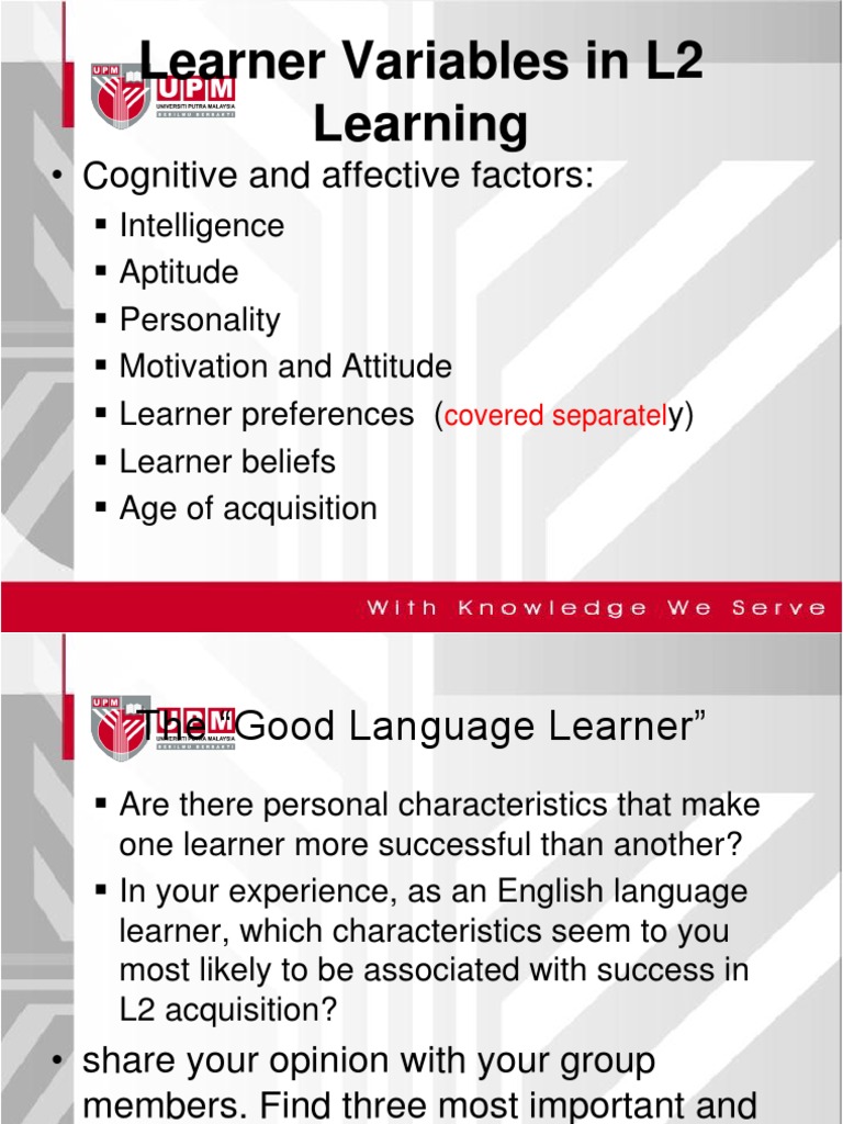 Learner Variables in L2 Learning: - Cognitive and Affective Factors ...