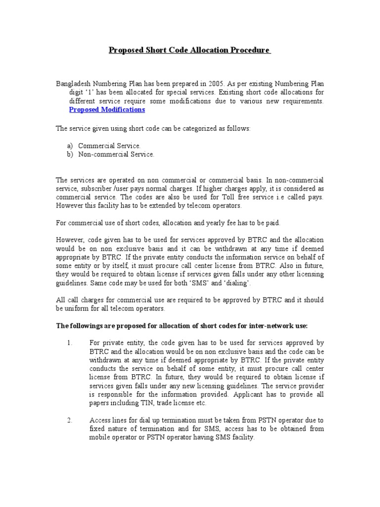 Bangladesh Short Code Allocation Guidelines | PDF | Telephone Numbering ...