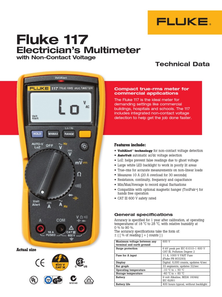 Fluke 117 Multimeter Technical Data PDF PDF Quantity Electrical