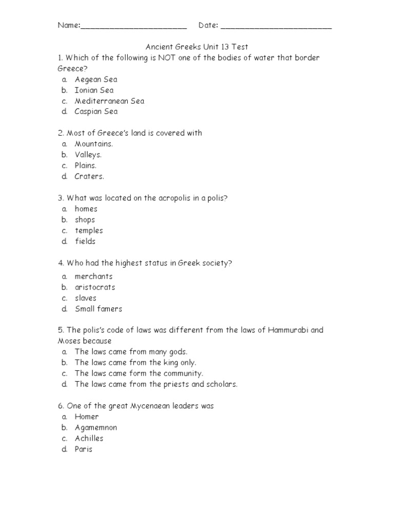 Greek Unit 13 Test | PDF