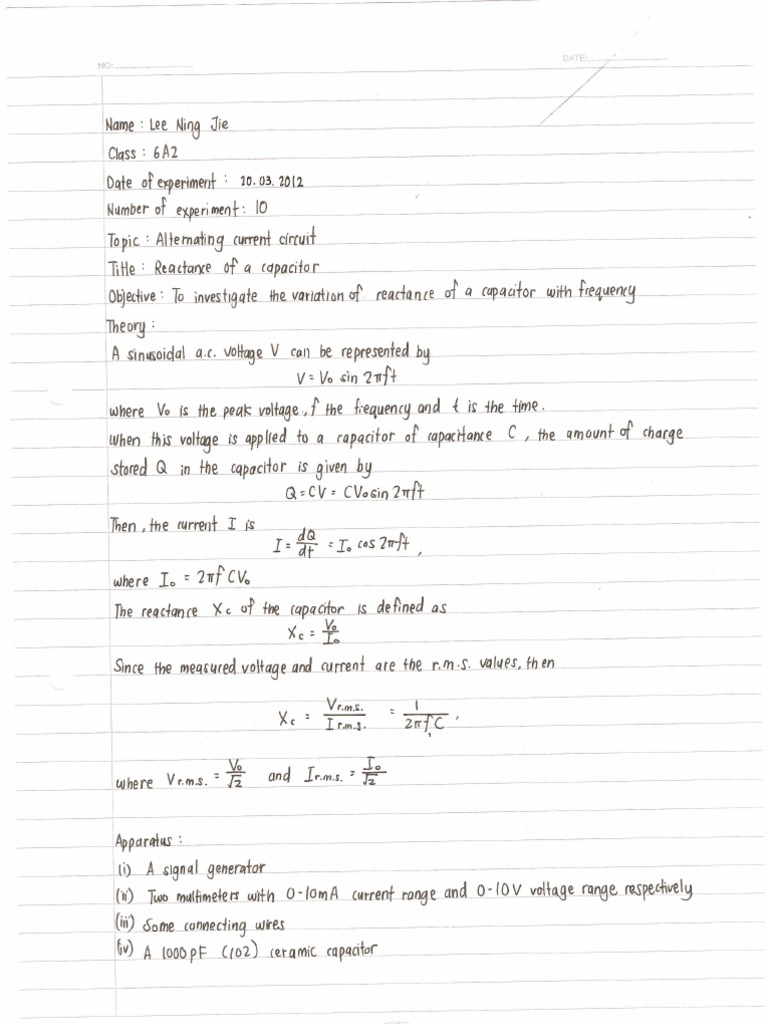 Stpm Physics Experiment 10 Reactance Of A Capacitor Second Term