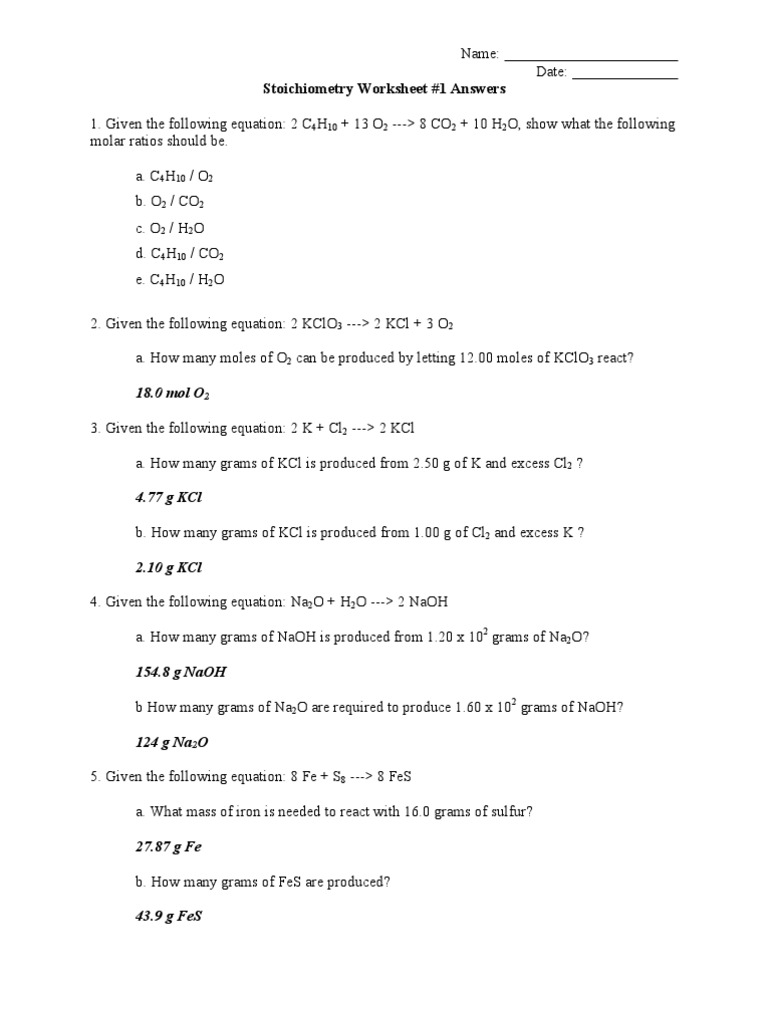 Stoichiometry Worksheet Answers