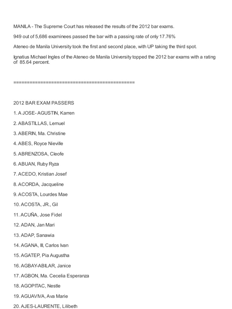 Bar Exam Results 2012 PDF Legal Education