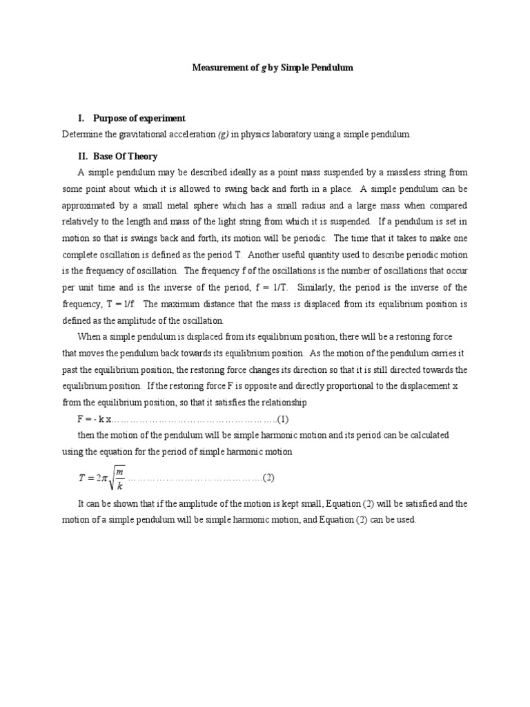 Measurement of G by Simple Pendulum PDF Pendulum Quantity