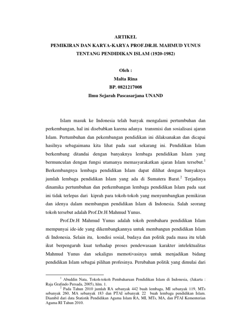 Artikel Pemikiran Dn Karya Karya Prof.dr .H. Mahmud Yunus Tentang