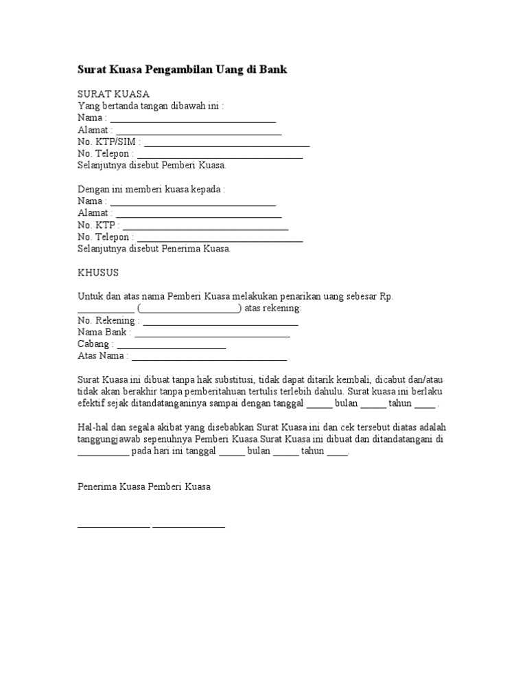 33+ Contoh Surat Kuasa Pengambilan Uang Di Bank Doc Gallery