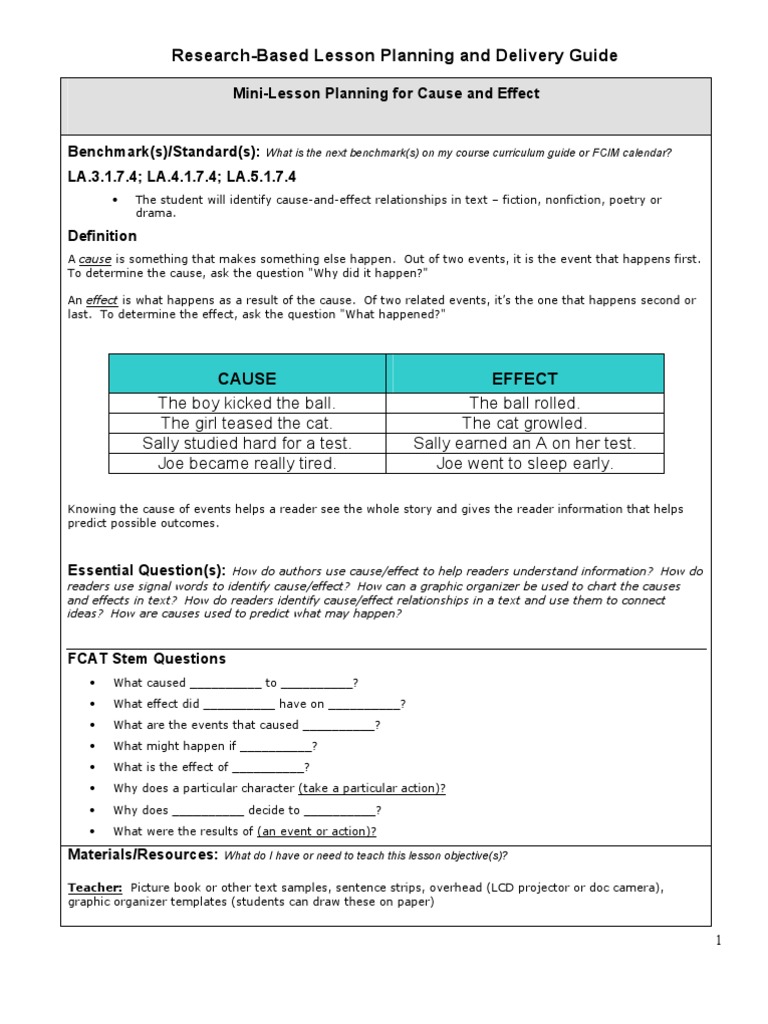 Cause and Effect Mini-Lesson Guide | PDF | Causality | Reading ...