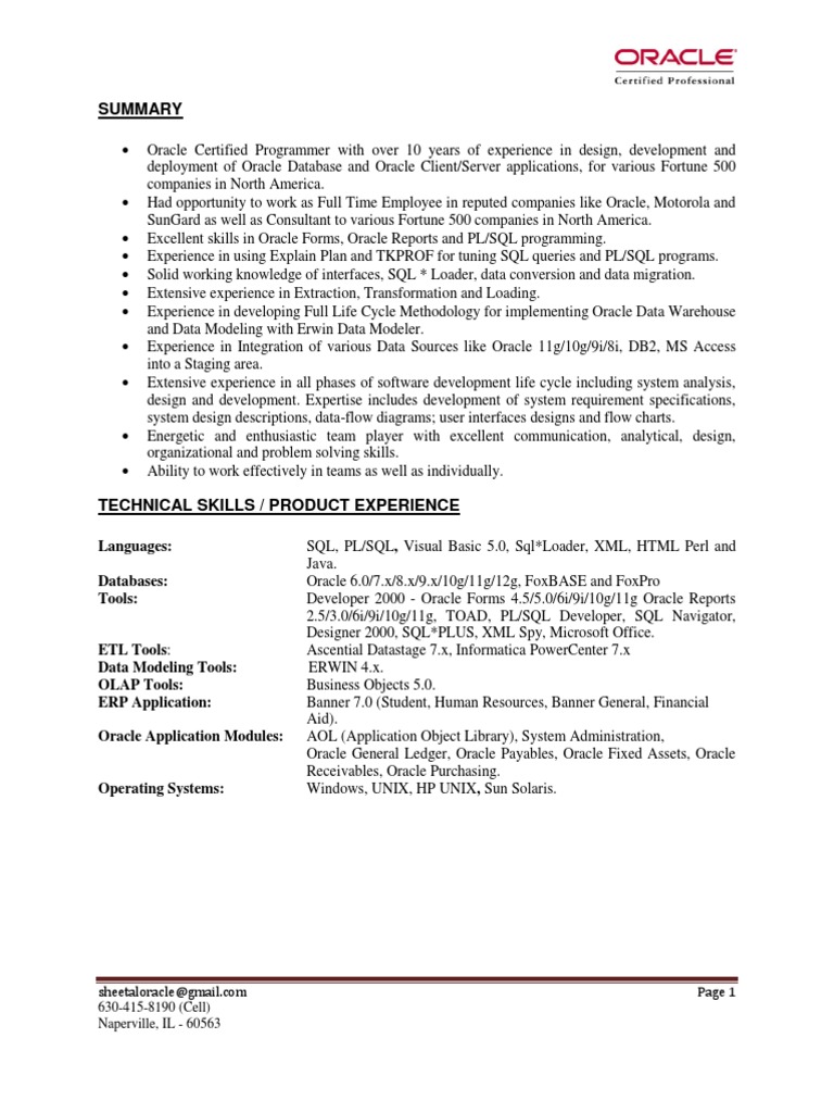 Oracle PL SQL Developer Program Analyst in Chicago IL Resume Sheetal ...