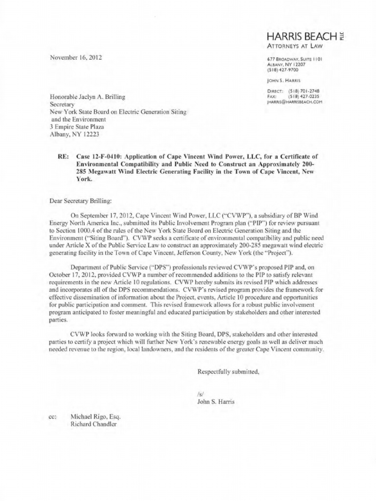 BP Revised PIP Case 12F0410 Application of Cape Vincent Wind Power