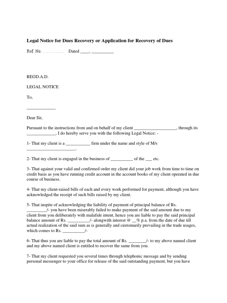 Legal Notice For Dues Recovery or Application For Recovery of Dues ...