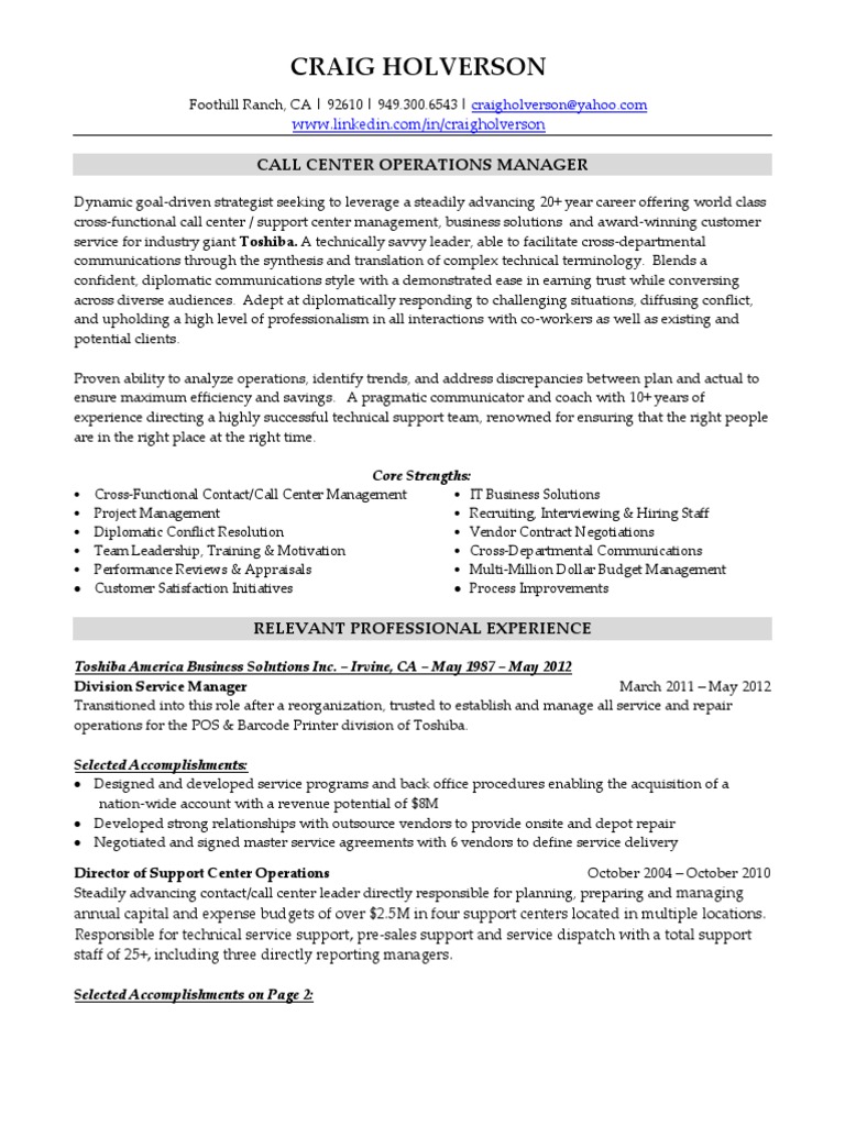 Call Center Operations Manager In Orange County CA Resume Craig 