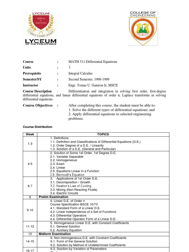 Math 311Differential Equations Syllabus PDF