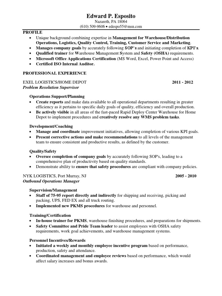 Warehouse Distribution Manager Supervisor in Allentown PA Resume Edward  Esposito | PDF | Logistics | Warehouse
