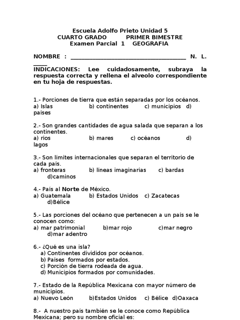 Examen de Geografía 4to Grado Primer Bimestre | PDF | Viajes y turismo