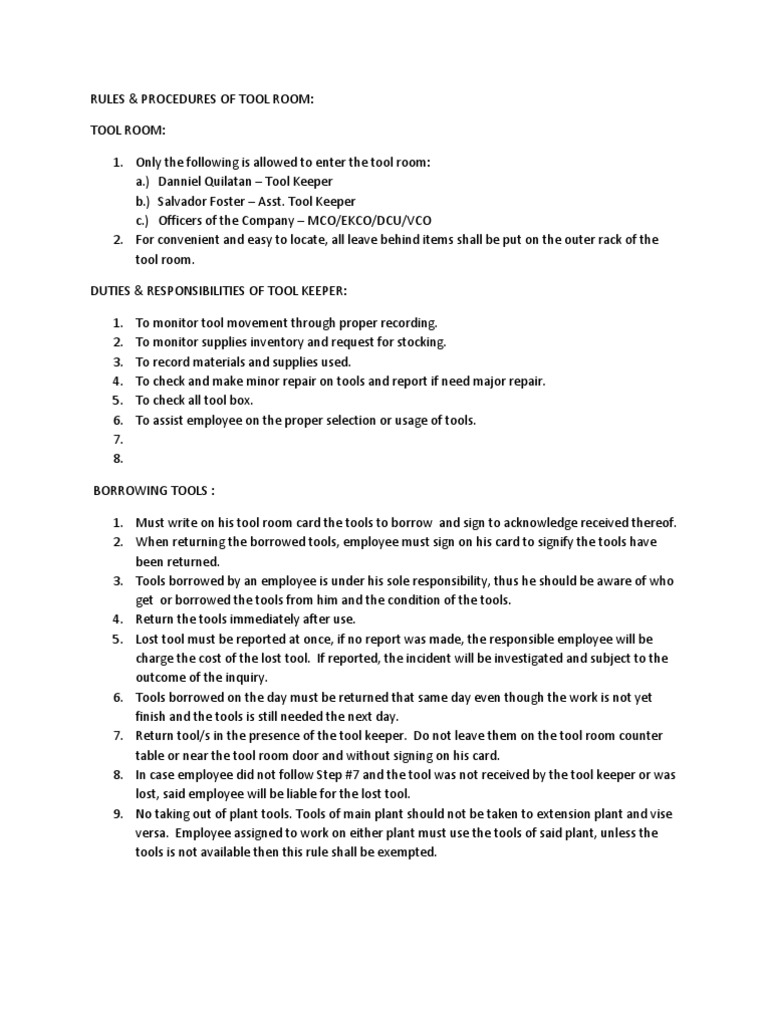 Rules & Procedures of Tool Room Business