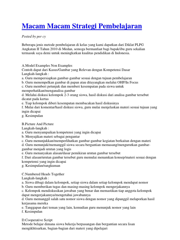 Macam macam strategi pembelajaran pdf
