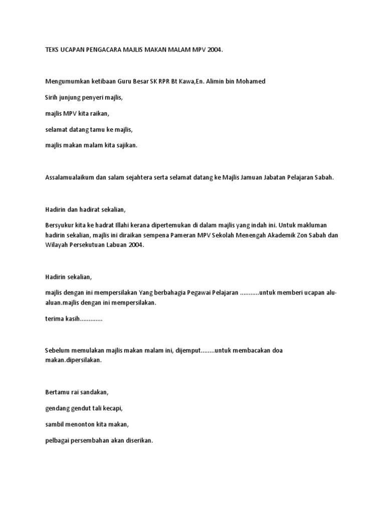 Contoh Ucapan Aluan Majlis Makan Malam