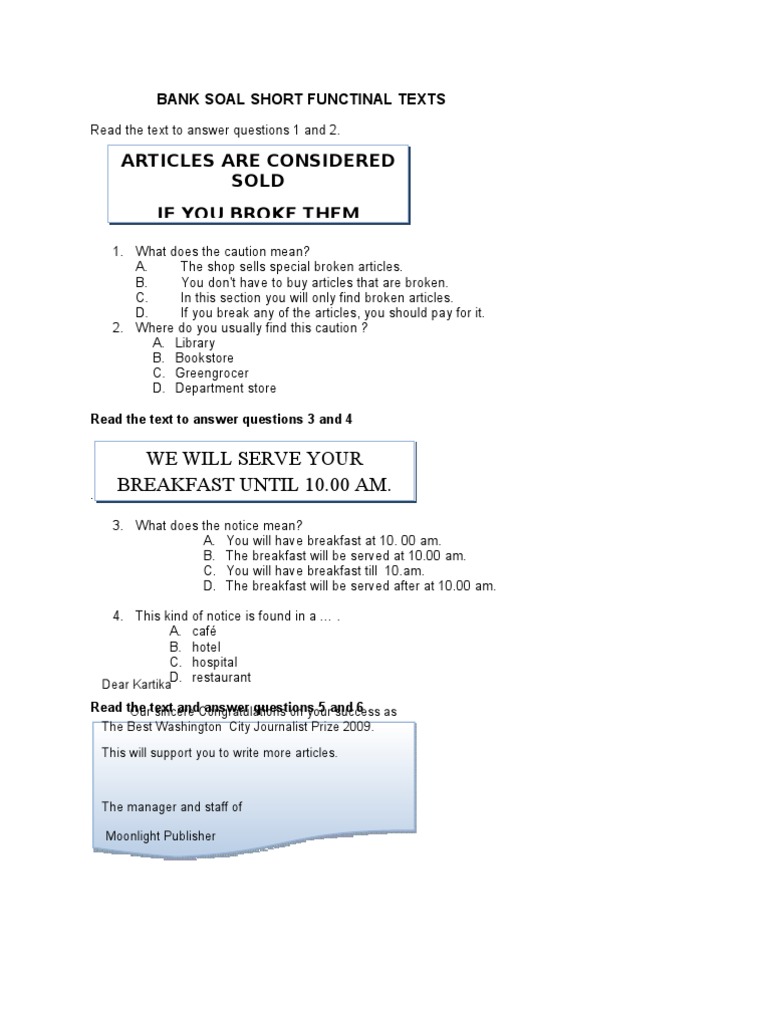 Bank Soal Short Functional Texts Hotel And Accommodation