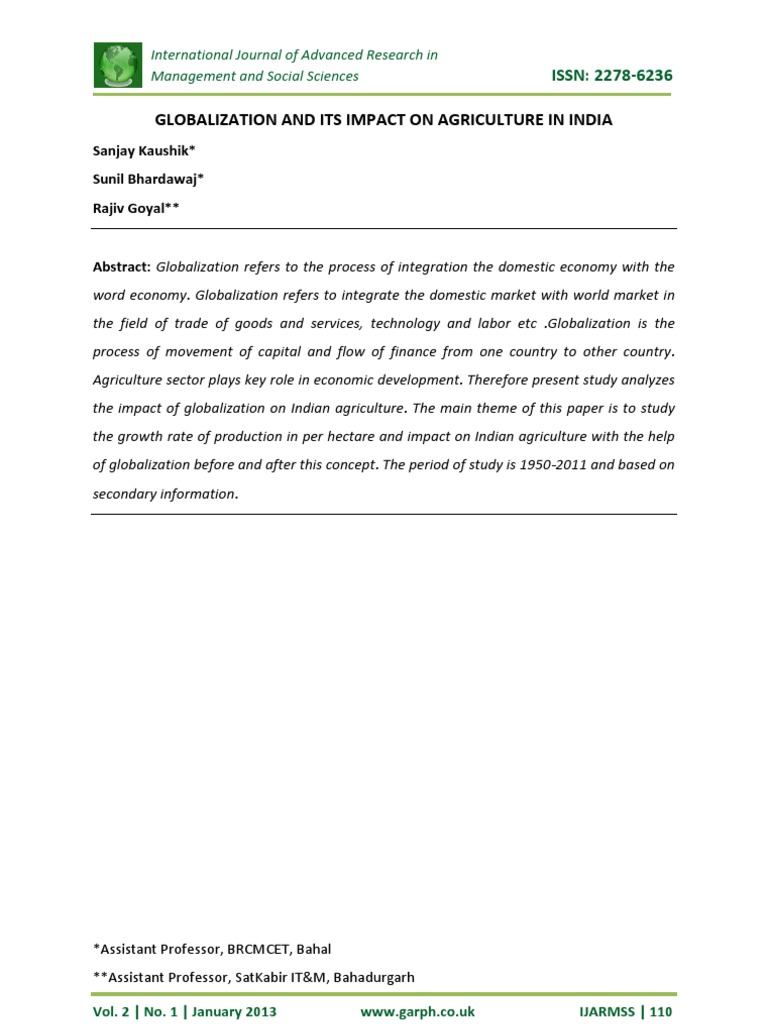 Impact of Globalization on Indian Agriculture | PDF | Politics