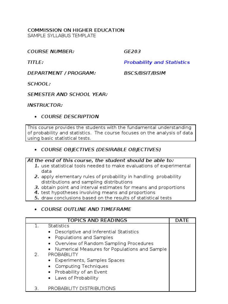 GE203: Probability and Statistics Syllabus | PDF | Science & Mathematics