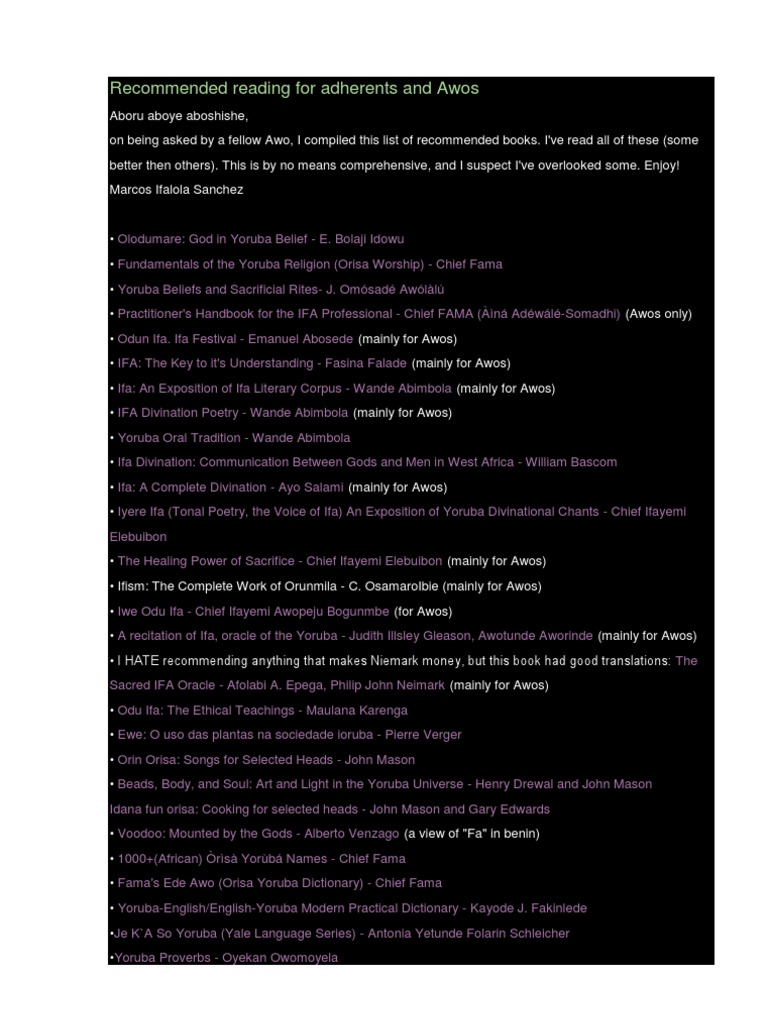 Recommended Books for Yoruba Awos | PDF | Religion & Spirituality