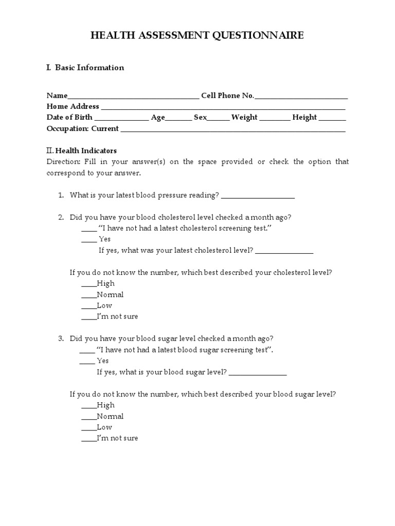 Health Assessment Questionnaire Template | PDF