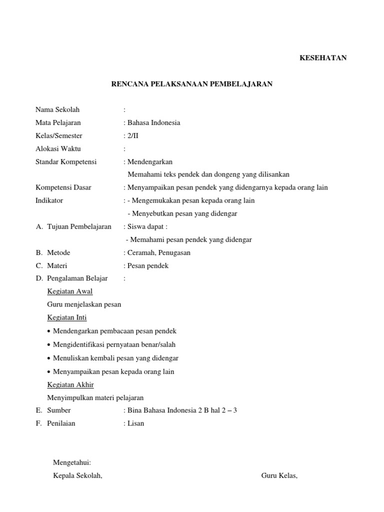 RPP Bahasa Indonesia Semester Genap Kelas 2 SD