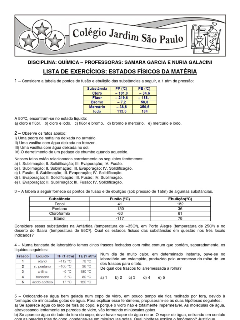 Exercícios sobre Estados Físicos da Matéria | PDF | Congelamento | Gases